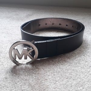 MK Black Leather Belt with Silver Buckle- M